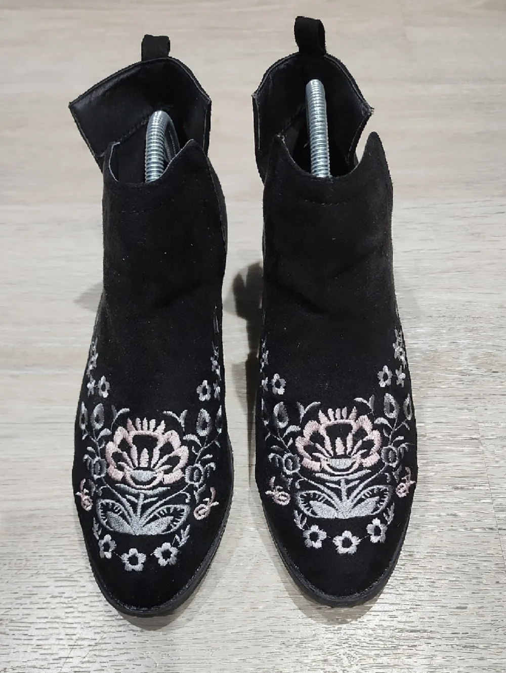Olivia Miller Black Suede Ankle Booties with Pink & Silver Floral Embroidery 10 - Picture 2 of 8